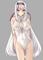 Rule 34 | 10s, 1girl, bare shoulders, blush, breasts, brown eyes, cleavage, cleavage cutout, clothing cutout, covered navel, female focus, front zipper swimsuit, hairband, kantai collection, large breasts, long hair, looking at viewer, meme attire, one-piece swimsuit, sensen, shoukaku (kancolle), solo, swimsuit, very long hair, white hair