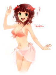 Rule 34 | 1girl, :d, amami haruka, arm up, bad id, bad pixiv id, bare shoulders, bikini, blush, breasts, brown hair, cleavage, front-tie top, green eyes, hair ribbon, idolmaster, idolmaster (classic), joypyonn, looking at viewer, medium breasts, nail polish, navel, open mouth, red bikini, ribbon, sarong, see-through, see-through sarong, short hair, side-tie bikini bottom, simple background, smile, solo, striped bikini, striped clothes, swimsuit