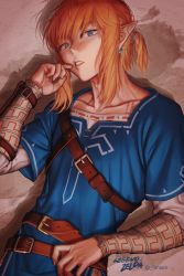 Rule 34 | 1boy, artist name, belt, blonde hair, collarbone, copyright name, earrings, hand up, highres, jewelry, lantam, link, long hair, male focus, nintendo, parted lips, pointy ears, sidelocks, solo, standing, the legend of zelda, the legend of zelda: breath of the wild, tunic, upper body
