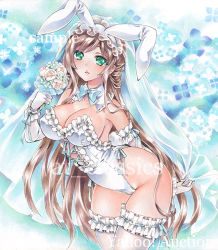 Rule 34 | 1girl, animal ears, arm behind back, artist name, at classics, blue bow, blue bowtie, blush, bouquet, bow, bowtie, breasts, bridal gauntlets, bridal veil, brown hair, cleavage, covered erect nipples, detached collar, elbow gloves, fake animal ears, flower, frilled thighhighs, frills, gloves, green eyes, holding, holding bouquet, large breasts, leotard, long hair, looking at viewer, open mouth, original, rabbit ears, rabbit tail, ribbon-trimmed legwear, ribbon trim, sample watermark, sidelocks, solo, tail, thighhighs, traditional media, veil, very long hair, watermark, white gloves, white thighhighs