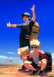 Rule 34 | 2boys, :d, alternate costume, annoyed, arm on knee, arm on thigh, arm up, atmospheric perspective, backpack, bag, bakugou katsuki, baseball cap, black shirt, black shorts, blonde hair, bloom, blue sky, boku no hero academia, breast pocket, buckle, character name, cloud, collarbone, collared shirt, commentary, day, desert, eyes visible through eyewear, freckles, freestyle18, full body, grass, green eyes, green hair, green shorts, grey headwear, hand up, hat, hawaiian shirt, highres, hill, hitchhiking, holding, holding sign, horizon, jewelry, leaf print, light, looking afar, male focus, midoriya izuku, multiple boys, off-shoulder shirt, off shoulder, open clothes, open hand, open mouth, open shirt, outdoors, parted lips, pendant, pineapple print, pocket, red eyes, red footwear, road, road sign, round teeth, sanpaku, scar, scar on arm, scar on hand, scowl, shade, shadow, shirt, shoes, short hair, shorts, sideways glance, sign, single bare shoulder, sky, sleeveless, smile, snap-fit buckle, sneakers, spiked hair, spoilers, squatting, standing, sunglasses, sunlight, t-shirt, tank top, teeth, texas, thumbs up, twitter username, undershirt, unworn backpack, unworn bag, upper teeth only, v-shaped eyebrows, watch, white tank top, wristwatch, yellow bag
