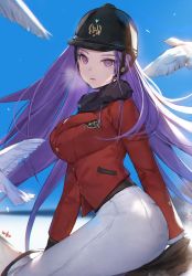 Rule 34 | 1girl, animal, bird, blue sky, breasts, commentary request, day, fate/stay night, fate (series), fur collar, helmet, jacket, large breasts, long hair, long sleeves, looking at viewer, looking to the side, medusa (fate), medusa (rider) (fate), outdoors, pants, parted lips, purple eyes, purple hair, red jacket, riding, signature, sitting, sky, solo, square pupils, very long hair, white pants, whoisshe