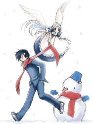 Rule 34 | 1boy, 1girl, kusakabe rei, maid, original, scarf, snow, snowing, snowman, wings