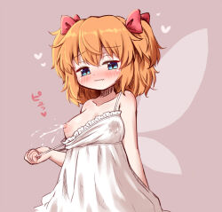 Rule 34 | 1girl, arinu, breasts, fairy, fairy wings, highres, lactation, lactation through clothes, medium breasts, milk, nipples, solo, sunny milk, touhou, wings