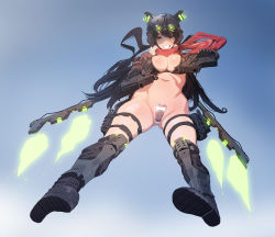 Rule 34 | 1girl, absurdres, ass, bad id, bad pixiv id, black gloves, black hair, boots, breasts, brown eyes, cleavage, crotch plate, dual wielding, flying, gloves, green eyes, groin, gun, helmet, highres, holding, holding gun, holding weapon, ihobus, long hair, navel, open mouth, original, ponytail, scarf, solo, thigh strap, weapon