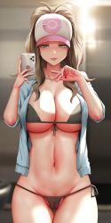 Rule 34 | 1girl, alternate breast size, blue eyes, blush, breasts, brown hair, cameltoe, cellphone, cleavage, commentary, creatures (company), english commentary, eyelashes, game freak, ginhaha, hat, highres, hilda (pokemon), huge breasts, jacket, large breasts, looking at viewer, midriff, navel, nintendo, phone, pokemon, pokemon bw, saliva, smartphone, solo focus, swimsuit, tongue, tongue out