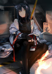 Rule 34 | 1girl, animal ear fluff, animal ears, arknights, artist name, bare shoulders, black footwear, black gloves, black hair, black pantyhose, black shirt, box, cigarette, commentary request, feet out of frame, fingerless gloves, franka (arknights), gloves, holding, holding cigarette, indoors, long hair, long sleeves, looking at viewer, off shoulder, official alternate costume, pantyhose, photo (object), sakusyo, shirt, shoes, signature, sitting, sleeveless, sleeveless shirt, solo, texas (arknights), texas (winter messenger) (arknights), wolf ears, yellow eyes