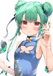 Rule 34 | 1girl, absurdres, bare arms, blue dress, blush, bug, butterfly, chinese clothes, cleavage cutout, closed mouth, clothing cutout, commentary request, double bun, dress, earrings, green butterfly, green hair, hair bun, hair ribbon, highres, hololive, insect, jewelry, long hair, looking at viewer, pepushi drow, red eyes, ribbon, simple background, sleeveless, sleeveless dress, solo, upper body, uruha rushia, v-shaped eyebrows, virtual youtuber, white background