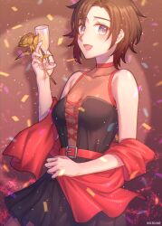 Rule 34 | 1girl, alcohol, artist name, belt, black dress, black hair, breasts, champagne, champagne flute, cleavage, commentary, cup, dress, drinking glass, english commentary, flower, gradient hair, graffiti, highres, kio rojine, light, medium breasts, multicolored hair, open mouth, red hair, red shawl, rose, ruby rose, rwby, see-through, see-through cleavage, shawl, short hair, sleeveless, sleeveless dress, solo, spotlight