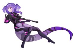 Rule 34 | 1girl, absurdres, assault rifle, black gloves, bodysuit, braid, closed mouth, commentary, covered navel, english commentary, fang, fang out, finger on trigger, floating hair, full body, gloves, gun, hair ornament, hairclip, head wings, highres, holding, holding gun, holding weapon, long tail, looking away, looking to the side, medium hair, armored boots, negative space, nijisanji, nijisanji en, purple hair, rifle, satsuki nageru, selen tatsuki, simple background, skin fang, smile, solo, tail, twin braids, virtual youtuber, weapon, white background, wings