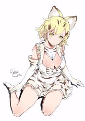 Rule 34 | 10s, 1girl, animal ears, bare shoulders, blonde hair, bow, bowtie, breasts, brown hair, cat ears, cleavage, cleavage cutout, clothing cutout, dress, elbow gloves, frilled dress, frills, full body, gloves, kemono friends, large breasts, looking at viewer, multicolored hair, print dress, print gloves, relaxjon, sand cat (kemono friends), short hair, signature, sitting, sketch, sleeveless, sleeveless dress, socks, solo, two-tone hair, white background, yellow eyes, yokozuwari