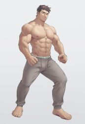 Rule 34 | 1boy, abs, absurdres, bara, barefoot, brown hair, bulge, clenched hands, clothes writing, expressionless, from side, full body, highres, korinosuke, large pectorals, long sideburns, looking at viewer, male focus, male underwear, male underwear peek, muscular, muscular male, navel, nipples, original, pectorals, short hair, sideburns, solo, standing, stomach, strongman waist, thick eyebrows, thick thighs, thighs, topless male, underwear, veins, veiny arms
