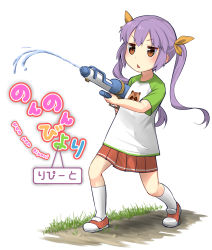 Rule 34 | 1girl, :&lt;, blush, brown eyes, copyright name, grass, gun, highres, holding, holding gun, holding weapon, long hair, max melon, miyauchi renge, non non biyori, parted lips, pleated skirt, purple hair, red skirt, shoes, simple background, skirt, socks, solo, standing, triangle mouth, twintails, water gun, weapon, white background, white socks