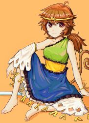 Rule 34 | 1girl, absurdres, barefoot, blue dress, brown eyes, brown hair, circlet, closed mouth, detached sleeves, dress, full body, green dress, highres, kyuuko (enkyuuko), light smile, long hair, looking at viewer, low twintails, monkey tail, multicolored clothes, multicolored dress, orange background, simple background, single detached sleeve, solo, son biten, tail, touhou, twintails, white sleeves, yellow dress