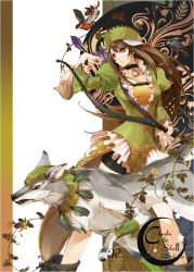 Rule 34 | 1girl, animal, arrow (projectile), bird, boots, bow (weapon), breasts, brown hair, choker, claudia (saga), cleavage, dress, eyelashes, flower, green dress, hat, holding, holding weapon, leaf, lips, long hair, long sleeves, puffy long sleeves, puffy sleeves, romancing saga, romancing saga minstrel song, saga, seqet-aru, solo, weapon, wolf, yellow eyes