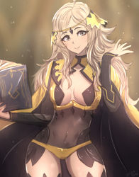 Rule 34 | 1girl, ahoge, blonde hair, book, breasts, cape, circlet, closed mouth, covered navel, fire emblem, fire emblem heroes, grey eyes, highres, long hair, looking at viewer, medium breasts, nintendo, omiza somi, ophelia (fire emblem), revealing clothes, simple background, smile, solo