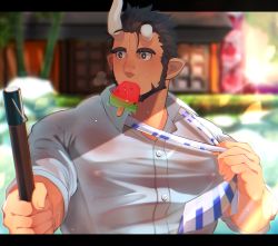 Rule 34 | 1boy, absurdres, alternate costume, bara, beard, black hair, blurry, blurry background, blush, bright pupils, broken horn, casual, covered erect nipples, crow (siranui), demon boy, facial hair, food, highres, horns, large pectorals, live a hero, male focus, mature male, muscular, muscular male, nessen (live a hero), onsen, pectorals, pointy ears, popsicle, see-through, shirt, short hair, solo, thick eyebrows, upper body, watermelon bar, wet, wet clothes, wet shirt, white shirt