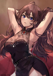 Rule 34 | 1girl, ahoge, armpits, arms behind head, arms up, bare shoulders, belt, black dress, blue eyes, blush, breasts, brooch, brown hair, cleavage, dress, highres, ichinose shiki, idolmaster, idolmaster cinderella girls, jewelry, large breasts, long hair, looking at viewer, open mouth, purin uni, see-through, see-through cleavage, smile, solo, wavy hair