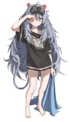 Rule 34 | absurdres, animal ears, barefoot, blue eyes, blush, clauvio (vtuber), grey hair, hechium, highres, indie virtual youtuber, long hair, mouse ears, mouse tail, shirt, simple background, tail
