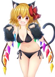 Rule 34 | 1girl, absurdres, animal ears, arm warmers, bare shoulders, bikini, black bikini, blonde hair, bow, breasts, cat ears, cat tail, cleavage, cowboy shot, flandre scarlet, fur, hair bow, hands up, highres, kemonomimi mode, leaning forward, looking at viewer, medium breasts, navel, open mouth, red bow, red eyes, side-tie bikini bottom, smile, solo, suigetsu (watermoon-910), swimsuit, tail, touhou