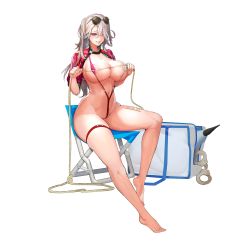 Rule 34 | 1girl, areola slip, bag, barefoot, blush, breasts, chair, cuffs, eyes visible through hair, eyewear on head, feet, game cg, grin, hair over one eye, handcuffs, highres, huge breasts, impet (last origin), last origin, legs, official art, one-piece swimsuit, red eyes, rope, silver hair, sima (startwitch), sitting, slingshot swimsuit, smile, solo, sunglasses, swimsuit, tachi-e, thigh strap, thighs, transparent background, y-string