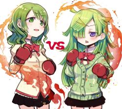 Rule 34 | 2girls, aki mabayu, black skirt, blush, bow, bowtie, boxing gloves, cardigan, collared shirt, commentary request, cowboy shot, damenano104, green cardigan, green eyes, green hair, hair over one eye, hands up, juliet sleeves, long hair, long sleeves, looking at another, magia record: mahou shoujo madoka magica gaiden, mahou shoujo madoka magica, miniskirt, mitakihara school uniform, multiple girls, open mouth, pleated skirt, puffy sleeves, purple eyes, red bow, red bowtie, school uniform, shirt, shizuki hitomi, skirt, standing, sweater, triangle mouth, vs, white shirt, yellow sweater