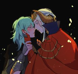 Rule 34 | 2girls, aged up, black background, blush, byleth (female) (fire emblem), byleth (fire emblem), cape, edelgard von hresvelg, eye contact, eyelashes, fire emblem, fire emblem: three houses, gauntlets, green hair, hand on another&#039;s face, highres, imminent kiss, looking at another, medium hair, multiple girls, nintendo, oratoza, parted lips, petals, red cape, silver hair, tiara, upper body, yuri