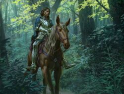 Rule 34 | 1boy, armor, breastplate, brown hair, cape, commentary, day, english commentary, eriopsis, forest, full armor, gauntlets, greaves, holding, holding reins, horse, horseback riding, medium hair, nature, original, outdoors, plant, reins, riding, sabaton, tree