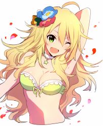 Rule 34 | 1girl, ;d, arm behind head, blonde hair, bra, breasts, cleavage, flower, green eyes, hair flower, hair ornament, hoshii miki, idolmaster, idolmaster (classic), long hair, looking at viewer, one eye closed, open mouth, oro (sumakaita), petals, simple background, smile, solo, underwear, white background, yellow bra