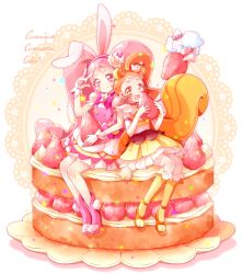 Rule 34 | 10s, 2girls, animal ears, arisugawa himari, boots, brown eyes, brown hair, cake, cake hair ornament, cure custard, cure whip, elbow gloves, food, food-themed hair ornament, food themed hair ornament, fruit, gloves, hair ornament, highres, kirakira precure a la mode, long hair, looking at viewer, magical girl, multiple girls, pekorin (precure), piano (mymel0v), pink eyes, pink footwear, pink hair, precure, rabbit ears, sitting, smile, squirrel ears, squirrel tail, strawberry, strawberry shortcake, tail, twintails, usami ichika, v, white gloves