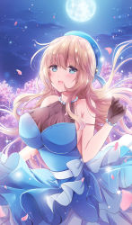 Rule 34 | 10s, 1girl, :d, alternate costume, atago (kancolle), bare shoulders, beret, blonde hair, blue eyes, blush, bracelet, breasts, cherry blossoms, cleavage, cloud, floating hair, full moon, gem, gloves, hair between eyes, hat, highres, huge breasts, jewelry, kantai collection, large breasts, long hair, looking at viewer, moon, nanairo fuuka, necklace, night, night sky, open mouth, outdoors, pearl (gemstone), pearl bracelet, pearl necklace, petals, sideboob, sky, smile, solo, sparkle, tareme, upper body, very long hair