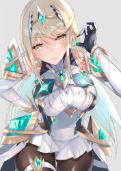 Rule 34 | bare shoulders, black pantyhose, blonde hair, breasts, chest jewel, cleavage, cleavage cutout, clothing cutout, dress, earrings, elbow gloves, gloves, hand on own hip, headpiece, inoue takuya (tactactak), jewelry, large breasts, long hair, mythra (massive melee) (xenoblade), mythra (xenoblade), pantyhose, short dress, solo, swept bangs, thigh strap, tiara, very long hair, white dress, white gloves, xenoblade chronicles (series), xenoblade chronicles 2, yellow eyes
