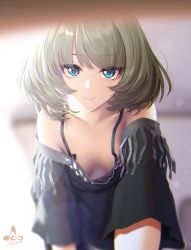 Rule 34 | 1girl, artist name, bare shoulders, black shirt, blue eyes, blurry, blurry background, breasts, closed mouth, collarbone, commentary, day, downblouse, eyelashes, green eyes, green hair, hair intakes, hanging breasts, heterochromia, highres, idolmaster, idolmaster cinderella girls, indoors, infinote, leaning forward, lens flare, medium hair, mole, mole under eye, no bra, off shoulder, pantyhose, pov, reaching, reaching towards viewer, shirt, short sleeves, signature, small breasts, smile, sunlight, takagaki kaede