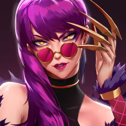 Rule 34 | 1girl, adjusting eyewear, adjusting glasses, bare shoulders, braid, claws, earrings, evelynn (league of legends), eyelashes, fur trim, head tilt, jewelry, k/da (league of legends), k/da evelynn, league of legends, lipstick, long hair, looking at viewer, looking over eyewear, looking over glasses, makeup, mascara, non (nonzile), nose, official alternate costume, pink-tinted eyewear, pink-tinted glasses, portrait, purple-tinted eyewear, purple-tinted glasses, purple hair, purple lips, round eyewear, side braid, smile, solo, sunglasses, swept bangs, tinted eyewear, yellow eyes