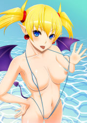 Rule 34 | 1girl, :p, aq interactive, arcana heart, arcana heart 2, atlus, bikini, blonde hair, blue eyes, breasts, demon tail, demon wings, earrings, examu, fangs, hand on own hip, jewelry, lilica felchenerow, navel, nipples, pointy ears, short hair, slingshot swimsuit, solo, swimsuit, tail, tomatto (@ma!), tongue, tongue out, water, wings