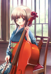 Rule 34 | 1girl, :d, brown eyes, brown hair, cello, chair, hanpen, instrument, japanese clothes, kimono, open mouth, original, short hair, sitting, smile, solo, window