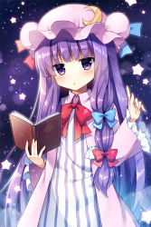 Rule 34 | 1girl, :o, blue bow, blush, book, bow, chestnut mouth, crescent, dress, hair bow, hat, long hair, looking at viewer, mauve, patchouli knowledge, purple eyes, purple hair, red bow, solo, star (symbol), striped clothes, striped dress, touhou, vertical-striped clothes, vertical-striped dress