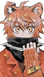 Rule 34 | 1girl, ahoge, androgynous, animal ears, arm strap, belt buckle, buckle, covered mouth, ear piercing, hair ornament, hairclip, highres, jacket, jewelry, lapel pin, long sleeves, looking at viewer, musical note, orange eyes, orange hair, orange jacket, orange theme, original, piercing, ring, sahau228, scarf, short hair, solo, spikes, straight-on