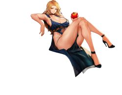 Rule 34 | 1girl, apple, ass, blonde hair, breasts, choker, cleavage, clothing cutout, crossed legs, dress, food, fruit, full body, grin, high heels, highres, jam (nandade), large breasts, last origin, long hair, looking at viewer, navel cutout, official alternate costume, official art, queen of mane, side slit, smile, solo, tachi-e, transparent background, yellow eyes