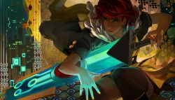 Rule 34 | 1girl, blue eyes, building, cityscape, game cg, huge weapon, jen zee, lips, nail polish, official art, red (transistor), red hair, short hair, sword, the transistor, transistor (game), weapon