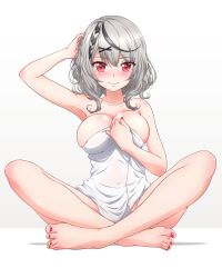Rule 34 | 1girl, arm up, blush, breasts, cleavage, collarbone, feet, grey hair, hair ornament, highres, hololive, indian style, large breasts, looking at viewer, multicolored hair, nail polish, naked towel, p-nekoe, red eyes, red nails, sakamata chloe, short hair, sitting, smile, solo, streaked hair, toenail polish, toenails, towel, virtual youtuber, x hair ornament