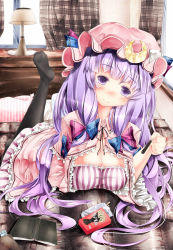 Rule 34 | 1girl, book, breasts, cleavage, crescent, curtains, downblouse, feet, female focus, food, hair ribbon, hat, lamp, large breasts, looking at viewer, on bed, pantyhose, patchouli knowledge, pillow, pocky, purple eyes, purple hair, ribbon, smile, solo, sugiyuu, touhou