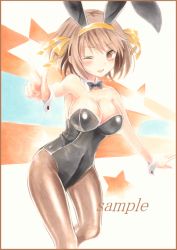 Rule 34 | 1girl, animal ears, armpits, bad id, bad pixiv id, bare arms, bare shoulders, blush, bow, bowtie, breasts, brown eyes, brown hair, cleavage, colored pencil (medium), detached collar, fake animal ears, hair ribbon, index finger raised, large breasts, leotard, looking at viewer, marker (medium), one eye closed, open mouth, outstretched arms, pantyhose, playboy bunny, potto, potto (minntochan), rabbit ears, ribbon, sample watermark, short hair, smile, solo, striped, striped background, suzumiya haruhi, suzumiya haruhi no yuuutsu, traditional media, watermark, wrist cuffs
