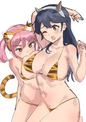Rule 34 | 2girls, ahoge, alternate costume, animal ears, badge, bikini, biting, black hair, breasts, brown eyes, commentary request, cowboy shot, flat chest, hair bobbles, hair ornament, highres, horns, kantai collection, large breasts, long hair, multiple girls, oni horns, osananajimi neko, pink eyes, pink hair, sazanami (kancolle), short hair, simple background, swimsuit, tail, tiger ears, tiger tail, twintails, unfinished, ushio (kancolle), white background, yellow bikini