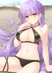 Rule 34 | 1girl, absurdly long hair, absurdres, beach, bikini, black bikini, breasts, cleavage, collarbone, commission, dated, fire emblem, fire emblem: the binding blade, fujiwara minaho, hand on own face, highres, long hair, navel, nintendo, ocean, purple eyes, purple hair, sand, second-party source, shore, sitting, smile, solo, sophia (fire emblem), swimsuit, thigh strap, underboob, very long hair, water