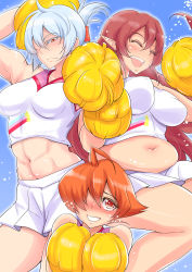 Rule 34 | 3girls, abs, ahoge, aq interactive, arcana heart, arcana heart 3, belly, bifidus, blue background, blush, breasts, brown hair, cheerleader, clarice di lanza, elsa la conti, examu, closed eyes, folded ponytail, frown, grin, large breasts, long hair, multiple girls, navel, open mouth, orange hair, plump, pointy ears, pom pom (cheerleading), short hair, skirt, smile, thick thighs, thighs, very long hair, white hair, zenia valov