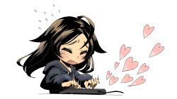 Rule 34 | 1girl, ahoge, black hair, black hoodie, black sweater, closed eyes, commentary, english commentary, flying sweatdrops, heart, hood, hooded sweater, hoodie, keyboard (computer), long hair, open mouth, original, pikat, solo, sweater, typing, upper body