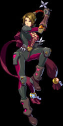 Rule 34 | arm up, armor, belt, black background, bodysuit, boots, bow, breasts, brown hair, center opening, cleavage, cross-laced clothes, dual wielding, frown, full body, gauntlets, gloves, glowing, green eyes, hair ribbon, heart, holding, kevin lau, knee pads, kongai, kunai, large breasts, leg lift, looking away, midriff, ninja, no bra, official art, pauldrons, platform footwear, ponytail, ribbon, rumiko, rumiko (kongai), scrunchie, shoulder armor, shuriken, simple background, solo, standing, standing on one leg, throwing star, udon entertainment, weapon