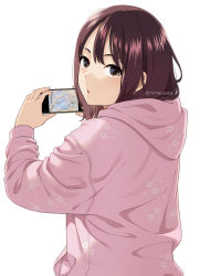 Rule 34 | 1girl, :o, brown hair, cellphone, cherry blossom print, floral print, holding, hood, hoodie, looking at viewer, looking back, mattaku mousuke, original, phone, smartphone, solo, watermark, white background