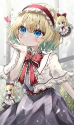Rule 34 | 3girls, absurdres, alice margatroid, blonde hair, blue dress, blue eyes, bow, bowtie, capelet, closed mouth, commentary, dress, hair bow, hairband, heart, highres, kayon (touzoku), lolita hairband, looking at viewer, multiple girls, red bow, red bowtie, red hairband, shanghai doll, short hair, touhou, white capelet